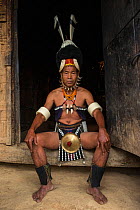Chang Naga man in festival dress in house; tiger claws (Panthera tigris) around his face, Hornbill (Bucerotidae) feathers on hat, and Wild boar (Sus scrofa) tusks on ha Chang Naga man headhunting Trib...