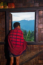 Chang Naga woman in  traditional shawl, Tuensang district. Nagaland, North East India, October 2014.