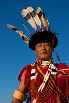 Ao Naga man in festival dress with giant hornbill feathers on headdress, Nagaland, North East India, October 2014.