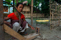 Mising tribe woman spinning silk, Majuli Island, Brahmaputra River, Assam, North East India, October 2014.