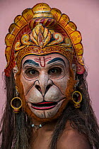 Mising tribe man in Hanuman mask, Raas festival. Mising Tribe, Majuli Island, Brahmaputra River, Assam, North East India.