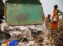 Rag-picker woman watching as rubbish truck empties its load into landfill stie, Guwahti, Assam. India, March 2009.