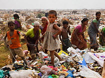 Young Indian rag-picker girl standing on a pile of rubbish in a landfill site, Guwahti, Assam, India, March 2009.