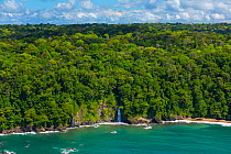 Aerial view of waterfall on the coastline of Corcovado National Park, Osa Peninsula, Puntarenas Province, Costa Rica. December 2014.