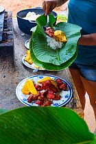 Traditional dish of meat served with plantain and rice, Boruca indigenous people, Costa Rica. December 2014.