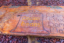 Cocoa (Theobroma cacao) beans and sign, Puerto Jimenez, The Osa Peninsula, Puntarenas Province,  Costa Rica. November 2014.