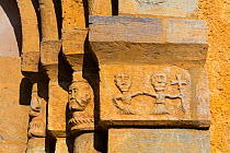 Carvings on Saint Pons Church, Ubaye Valley, Valle de l'Ubaye, Alpes Haute Provence, France, July 2015.