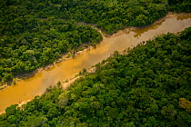Aerial view of  Amazon Rainforest, and the Yavari Miri River, Peru, July 2015.