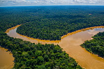Aerial view of Mouth of the Yavari-Mirin River entering Yavari River and  Amazon Rainforest, Peru, July 2015.
