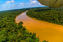Aerial view of Amazon Rainforest and the Yavari River, Peru. July 2015.