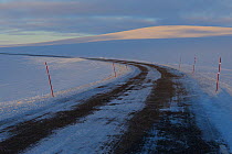 Mountain tundra road, with snow marking poles, so that the snow plough knows where the road is, Batsfjord, Varanger Peninsula, Norway, March 2012.