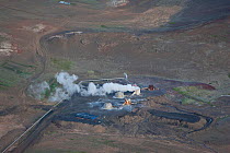 Aerial of Kisilidjan Diatomite Plant, Bjarnarflag, used to process Diaomaceous earth, an abrasive substance formed from the silica bodies of diatoms, Lake Myvatn, Iceland, July 2009.