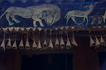 Church decorations, with painted eaves showing animals and bells. Jimba, Lake Tana Biosphere Reserve, Ethiopia. December 2013.