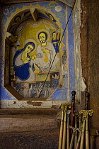 Religious painting in Ura Kidane Mehret, church of the Ethiopian Orthodox Church, Zege Peninsula, Lake Tana Biosphere Reserve, Ethiopia. December 2013.