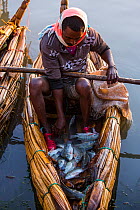 Fisherman returning with his catch to Bahir Dar, Lake Tana Biosphere Reserve, Ethiopia. December 2013.