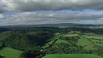 Aerial view tracking over the Teign Valley, Dartmoor National Park, Devon, England, UK, October 2015.