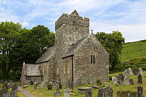 St. Cadoc's Church, with lichen covered headstones in graveyard, Cheriton, Gower, South Wales, UK, June 2015.