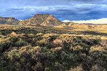 Sage lands and Oregon Buttes, Red Desert, Sweetwater County, Wyoming, USA. May 2013.