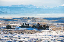Fracking infrastructure on the Pinedale Mesa Anticline. Sublette County, Wyoming, USA, January 2013.