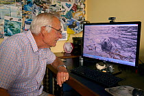 Alec Farr looking his photo of female Grey seal (Halichoerus grypus) now identified by Sue Sayer by its unique coat patterns as 'Hufflepuff', a seal released after treatment at the Cornish Seal sanctu...