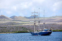 Sailing ship off Cormorant Point, Floreana Island, Galapagos Islands,  East Pacific Ocean