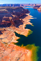 Aerial view of Lake Powell, near Page, Arizona and the Utah border, USA, February 2015. Lake Powell is a reservoir on the Colorado River, and is the second largest man made lake in the USA.