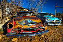 Old cars near Hackberry General Store, Hackberry, on Route 66, Arizona, USA, February 2015.