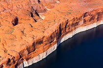 Aerial view of cliffs at the edge of Lake Powell, near Page, Arizona, on the Utah border, USA, February 2015. Lake Powell is a reservoir on the Colorado River, and is the second largest man made lake...