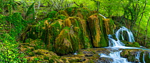 Water cascading down Toberia falls, Andoin, Sierra Entzia Natural Park, Alava, Basque Country, Spain, April.