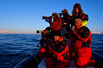 Chinese whale watching and photography tourists with photographer, Magnus Lundgren, and guide Henrik Jorgensen in a Zoidiac inflatable rubber boat, near Senja, Troms County, Norway, Scandinavia, Janua...