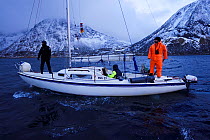 Whale watchers on a small boat, Senja, Troms County, Norway, Scandinavia, January 2015. Cetaceans are attracted to this area to feed on the huge population of spring spawning Herring