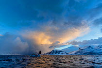 Small fishing boat near shore, Kvaloya, Troms, Norway, November 2014.