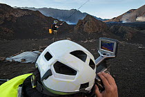 Scientists working at  Fogo Volcano after eruption, Fogo Island, Cape Verde, 30th November 2014.