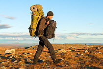 Photographer Erlend Haarberg carrying two rucksacks whilst walking in Sarek National Park, Laponia World Heritage Site, Lapland, Sweden, September 2013.