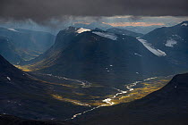 View of the Algavagge and Guohpervagge valleys, Sarek National Park, Laponia World Heritage Site, Sweden, August 2014.