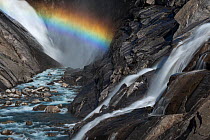 View of a rainbow in the spray of Bjornefossen Waterfall, Saltfjellet-Svartisen National Park, Norway, August 2015.
