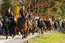 Two riders and two carriages pulled by four horses parading during the Leonhardiritt or Leonhardifahrt, the traditional horse procession of St Leonard, in Bad Tolz, Upper Bavaria, Germany. November 20...
