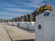 Beach huts on the beach at Mers Les Bains, La Somme, France, September 2015.