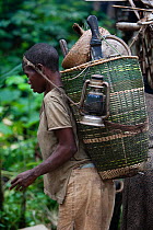 Baka woman carrying large basket full of items through the rainforst during a move between camps, Cameroon, South East Cameroon, July 2008.