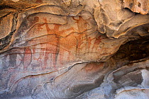 Rock painting of people and animals, 10,000 years old, Vizcaino Desert, Baja California, Mexico.
