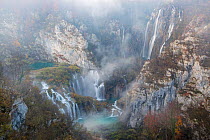 Veliki Slap, the largest waterfall in this image, and Sastavci series of waterfalls, Plitvice Lakes National Park, Croatia. November.