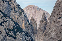 Sheer limestone pinnacles viewed from the Vrsic Pass, Triglav National Park, Julian Alps, Slovenia, July 2015.