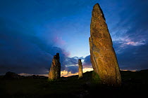 Glengorm stone circle at twilight, Isle of Mull, Scotland, UK. June 2015