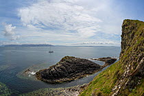 View down to basalt columns on the coast, Staffa, Inner Hebrides, Scotland, UK, June 2015