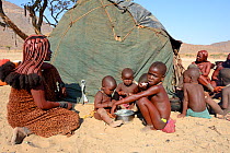 Himba children eating meal of cooked maize flour and milk. Marienfluss Valley, Kaokoland Desert, Namibia. October 2015