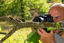 Nature photographer Solvin Zankl taking close up images of the Stag beetle (Lucanus cervus). Niedersachsische Elbtalaue Biosphere Reserve, Lower Saxonian Elbe Valley, Germany, June.