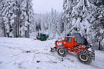 Logging vehicles in the Retezat Mountains, Carpathians, Romania, November 2013