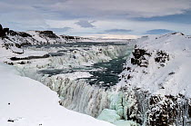 The frozen Gullfoss waterfall on the Hvit River in southern Iceland, March 2015