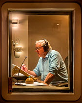Sir David Attenborough recording voice over for BBC series, The Hunt. September 2015.