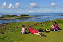 Family watching and photographing Puffins (Fratercula arctica) at nesting colony, Island of Lunga, Inner Hebrides, Scotland, UK, July 2015.